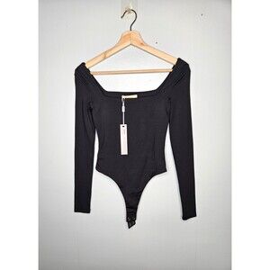 Qinsen Black Square Neck Bodysuit XS Long Sleeve Thong Stretchy NWT